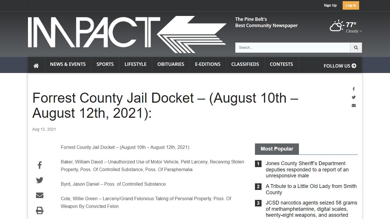 Forrest County Jail Docket – (August 10th – August 12th, 2021):